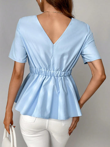 Privé Ladies' Summer Daily Commute Short Sleeve Shirt With Backless Design, Gathered Waist, Ruffled Hem And Pleated Frills