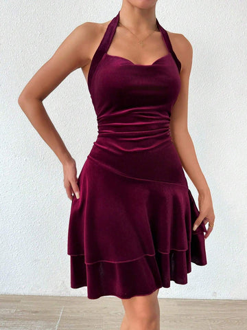 Ladies Summer Elegant Solid Color Halter Neck Dress
