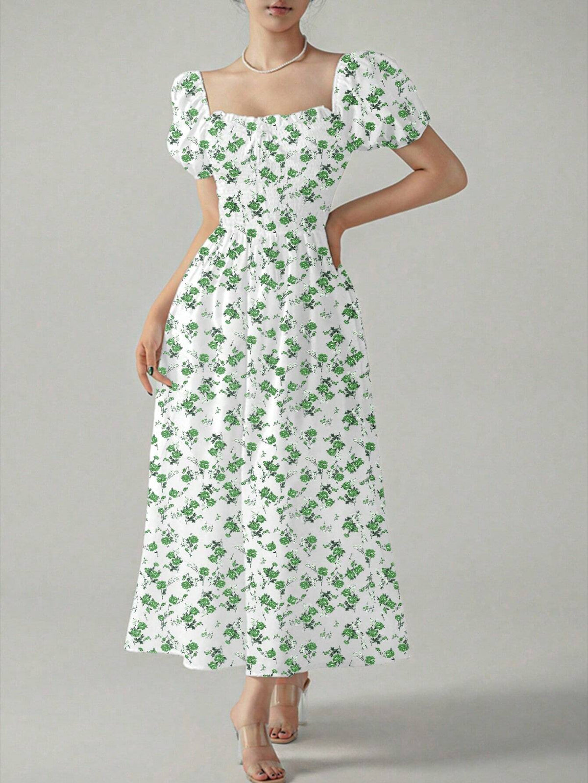 Ladies' Summer Floral Print Short Puff Sleeve Long Dress