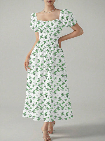 Ladies' Summer Floral Print Short Puff Sleeve Long Dress
