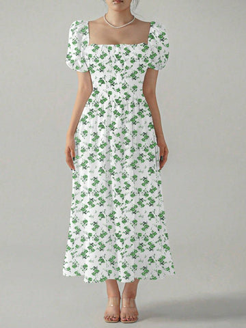 Ladies' Summer Floral Print Short Puff Sleeve Long Dress