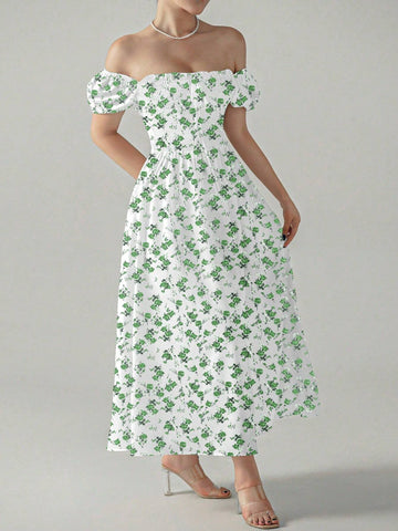 Ladies' Summer Floral Print Short Puff Sleeve Long Dress