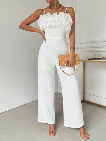 Ladies" Summer Jumpsuit With Multi-Layered Ruffled Edge And Net Fabric, Solid Color Wide-Legged Camisole For Elegant And Chic Style