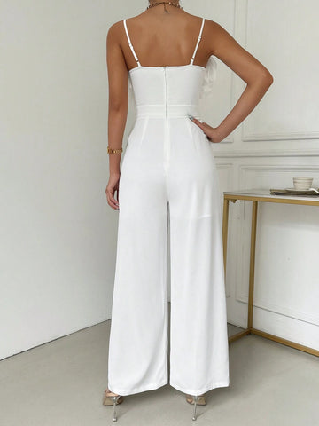 Ladies" Summer Jumpsuit With Multi-Layered Ruffled Edge And Net Fabric, Solid Color Wide-Legged Camisole For Elegant And Chic Style