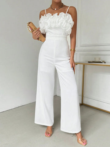 Ladies" Summer Jumpsuit With Multi-Layered Ruffled Edge And Net Fabric, Solid Color Wide-Legged Camisole For Elegant And Chic Style