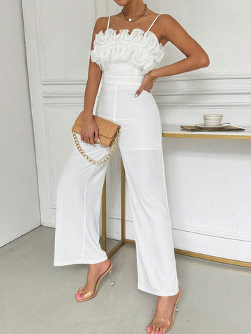 Ladies" Summer Jumpsuit With Multi-Layered Ruffled Edge And Net Fabric, Solid Color Wide-Legged Camisole For Elegant And Chic Style