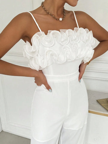 Ladies" Summer Jumpsuit With Multi-Layered Ruffled Edge And Net Fabric, Solid Color Wide-Legged Camisole For Elegant And Chic Style