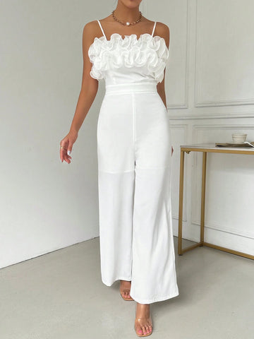 Ladies" Summer Jumpsuit With Multi-Layered Ruffled Edge And Net Fabric, Solid Color Wide-Legged Camisole For Elegant And Chic Style