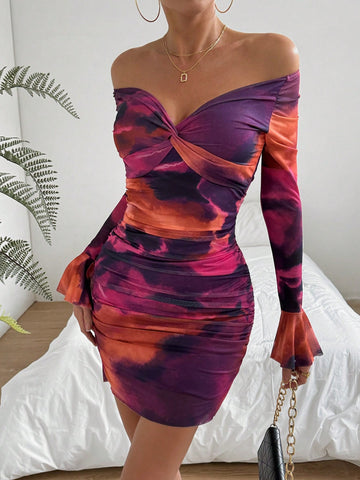 Ladies' Tie Dye Twisted Bell Sleeve Bodycon Dress
