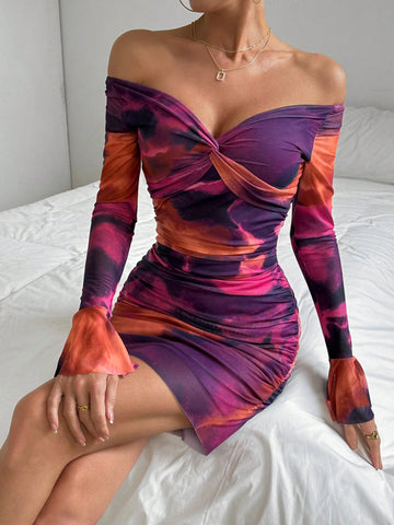 Ladies' Tie Dye Twisted Bell Sleeve Bodycon Dress