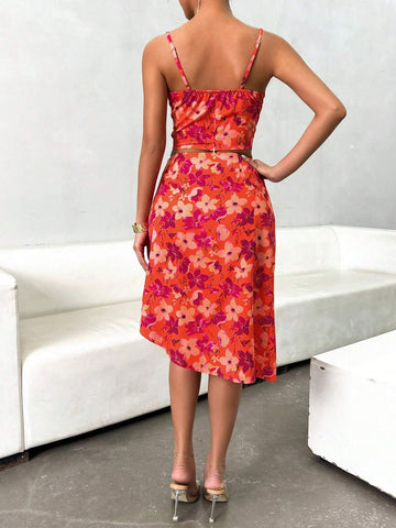 Ladies' Vacation Style Flower Print Top And Skirt 2 Piece Set