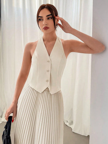 Ladies' Valentine's Day Halter Neck Single Breasted Vest And Pleated Skirt Two Piece Set