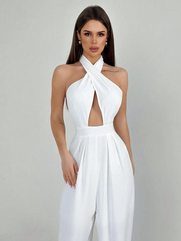 Ladies" White Halter Neck Tie Waist Pleated Backless Plain Street Style Long Jumpsuit
