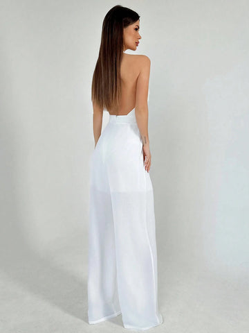 Ladies" White Halter Neck Tie Waist Pleated Backless Plain Street Style Long Jumpsuit