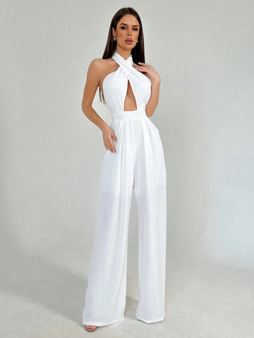 Ladies" White Halter Neck Tie Waist Pleated Backless Plain Street Style Long Jumpsuit