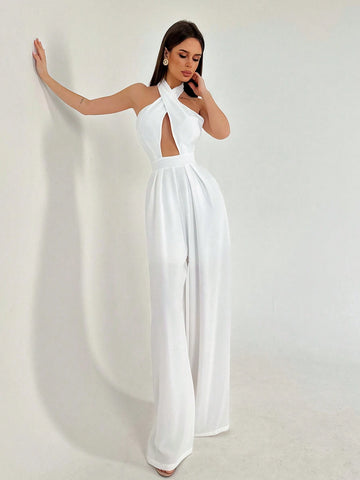 Ladies" White Halter Neck Tie Waist Pleated Backless Plain Street Style Long Jumpsuit