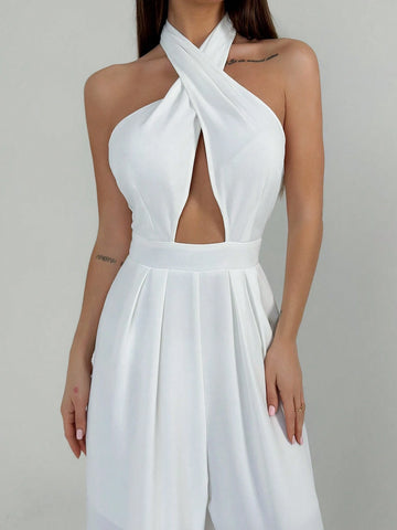 Ladies" White Halter Neck Tie Waist Pleated Backless Plain Street Style Long Jumpsuit