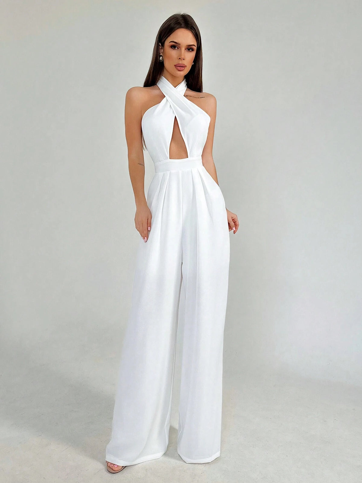 Ladies" White Halter Neck Tie Waist Pleated Backless Plain Street Style Long Jumpsuit
