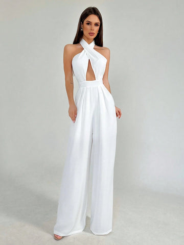 Ladies" White Halter Neck Tie Waist Pleated Backless Plain Street Style Long Jumpsuit