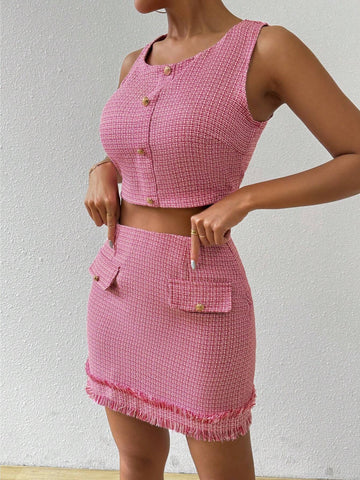 Ladies" Work Wear Single Breasted Sleeveless Top And Skirt Suit Set