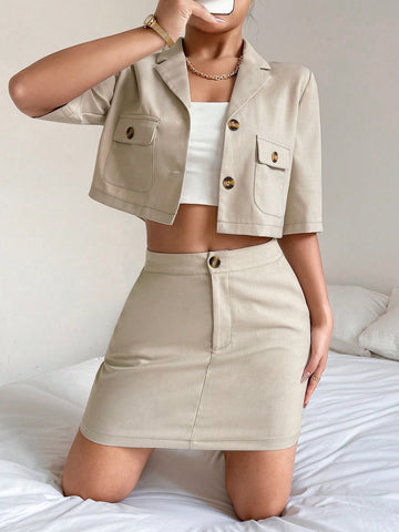Lapel Neck Flap Pocket Crop Blazer & Skirt