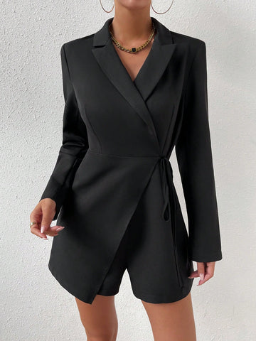 Lapel Neck Knot Side Wrap Romper