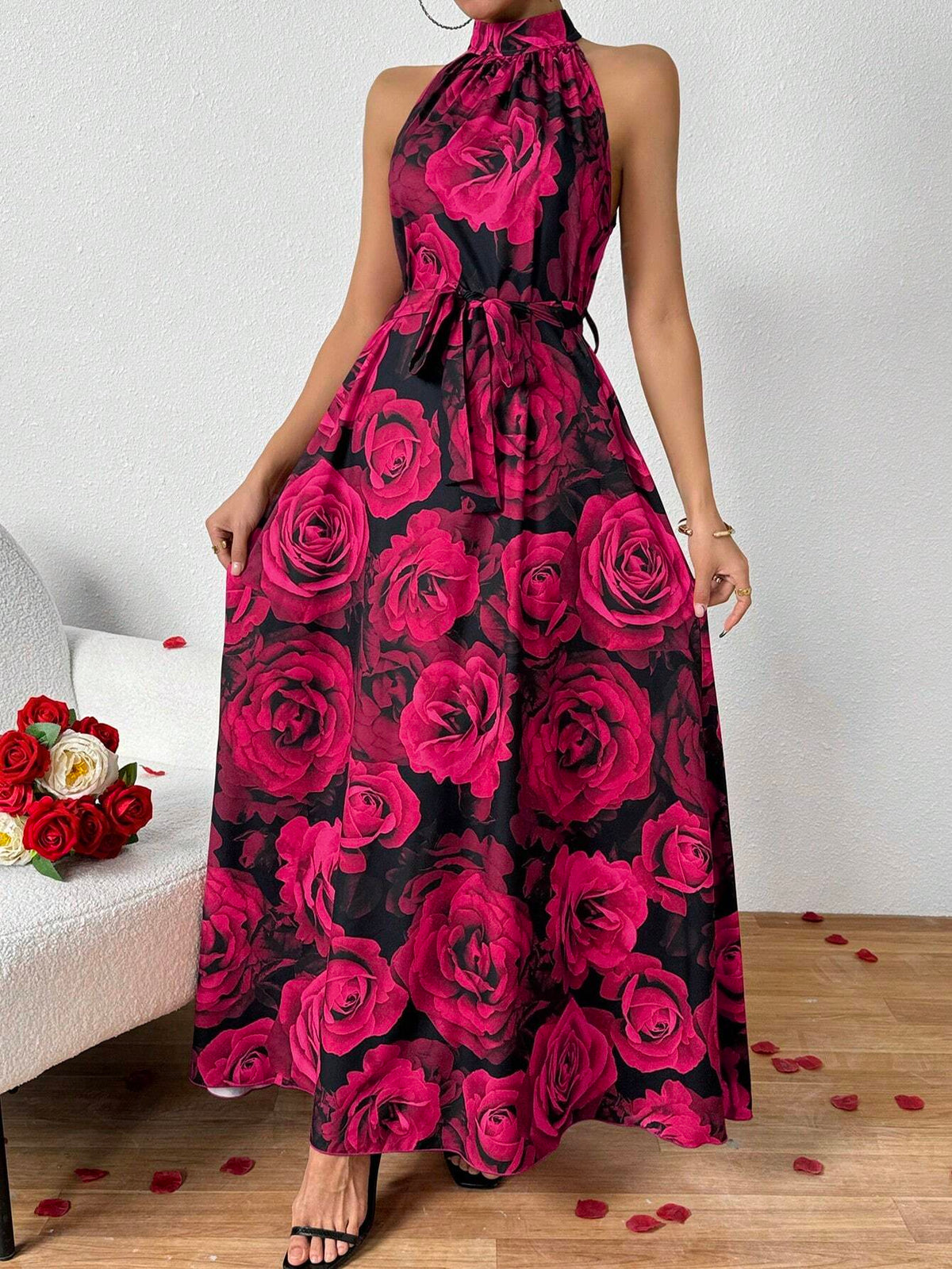 Large Rose Print Halterneck Dress