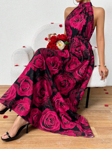 Large Rose Print Halterneck Dress