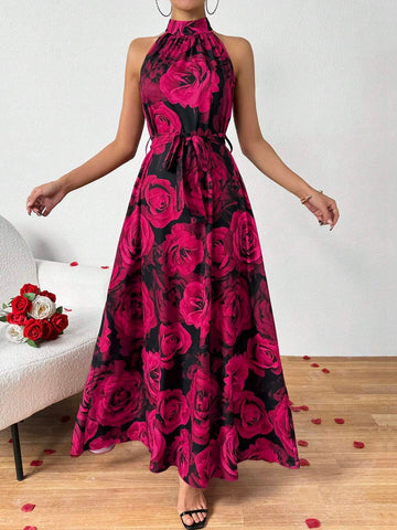 Large Rose Print Halterneck Dress