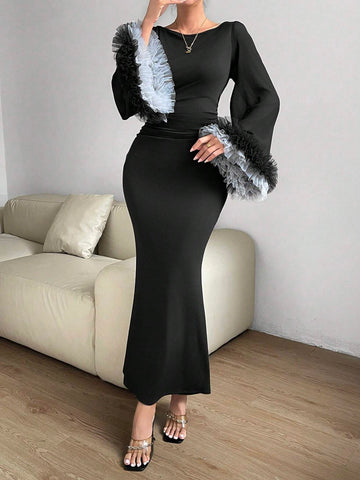 Layered Mesh Frill Cuff Trumpet Sleeve Mermaid Hem Dress