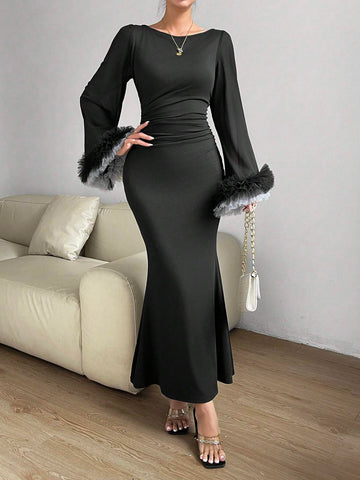 Layered Mesh Frill Cuff Trumpet Sleeve Mermaid Hem Dress