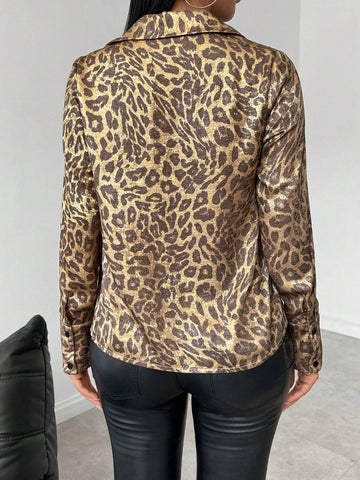 Privé Leopard Print Front Button-Up Turndown Collar Long Sleeve Gold Foil Shirt