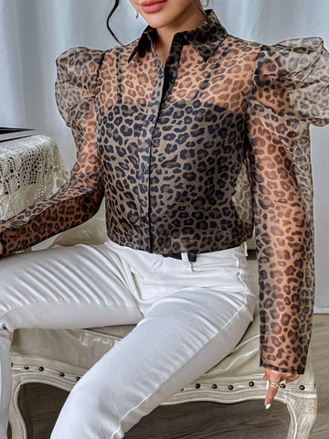 Leopard Print Gigot Sleeve Shirt Without Cami Top