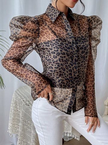 Leopard Print Gigot Sleeve Shirt Without Cami Top