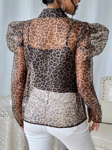 Leopard Print Gigot Sleeve Shirt Without Cami Top