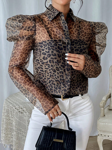 Leopard Print Gigot Sleeve Shirt Without Cami Top