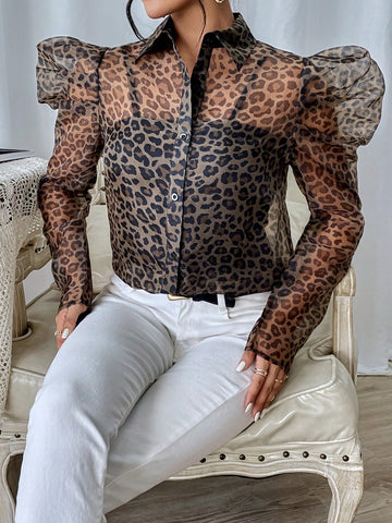 Leopard Print Gigot Sleeve Shirt Without Cami Top