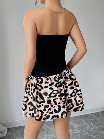 Leopard Print Patchwork Strapless Dress