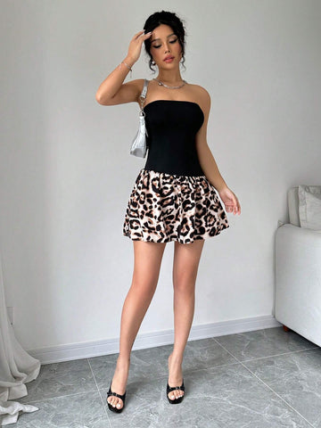 Leopard Print Patchwork Strapless Dress