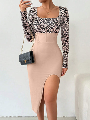 Leopard Print, Sexy High Slit, 2 In 1, Corset Waist, Square Neck, Elegant, Casual, Sexy, Work, Mixed Fabric, Stretchy Knit Fabric, Women Fitted Dress