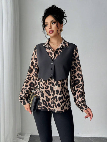 Privé Leopard Print + Solid Woven Fabric Casual Long Sleeve Shirt