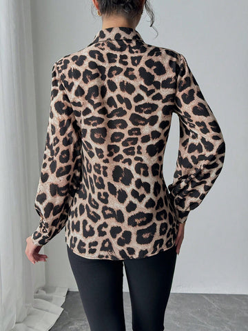 Privé Leopard Print + Solid Woven Fabric Casual Long Sleeve Shirt