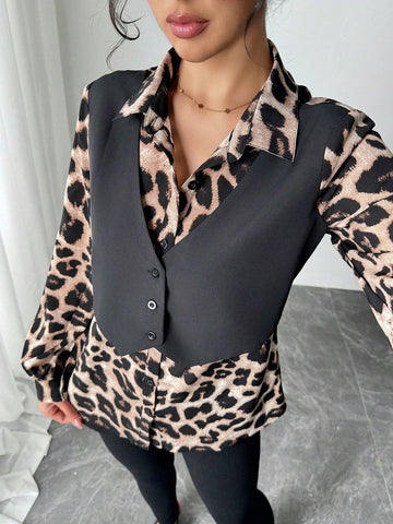 Privé Leopard Print + Solid Woven Fabric Casual Long Sleeve Shirt