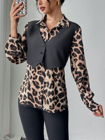 Privé Leopard Print + Solid Woven Fabric Casual Long Sleeve Shirt