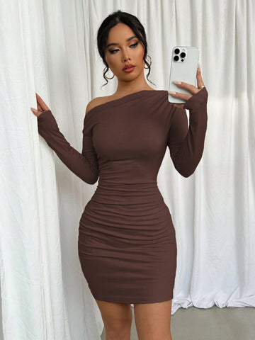 Long Sleeve Asymmetric Ruched Slim Fit Casual Dress, Spring & Autumn