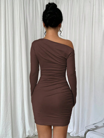 Long Sleeve Asymmetric Ruched Slim Fit Casual Dress, Spring & Autumn