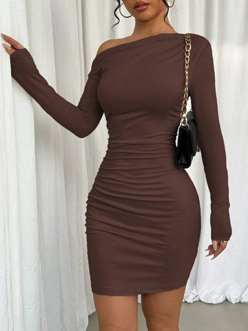 Long Sleeve Asymmetric Ruched Slim Fit Casual Dress, Spring & Autumn