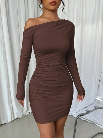 Long Sleeve Asymmetric Ruched Slim Fit Casual Dress, Spring & Autumn