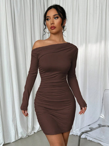 Long Sleeve Asymmetric Ruched Slim Fit Casual Dress, Spring & Autumn