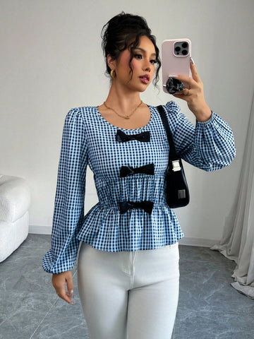 Privé Long Sleeve Blouse With Round Neck, Puff Sleeves, Ruffle Hem And Bow Decor